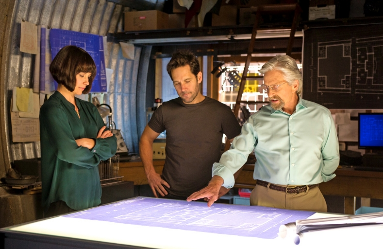 Hope Van Dyne (Evangeline Lilly), Scott Lang/Ant-Man (Paul Rudd) and Hank Pym (Michael Douglas)